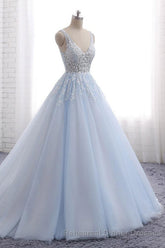 Ball Gown Chapel Train V Neck Sleeveless Backless Appliques Semi Formal Prom Dresses